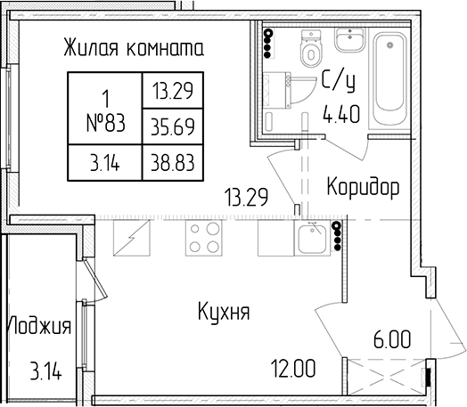 1-комнатная квартира 35.69 м², 1/4 эт., ЖК «Любоград в Стрельне»